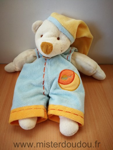 Doudou Ours Baby nat Ecru salopette bleu bonnet jaune Medaillon use