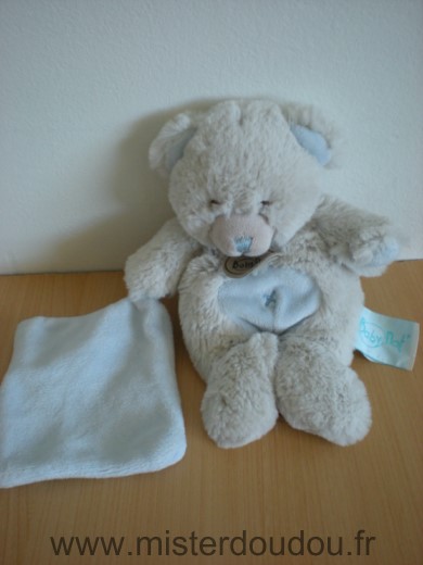 Doudou Ours Baby nat Gris bleu mouchoir bleu 