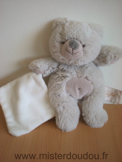 Doudou Ours Baby nat Gris mouchoir blanc 