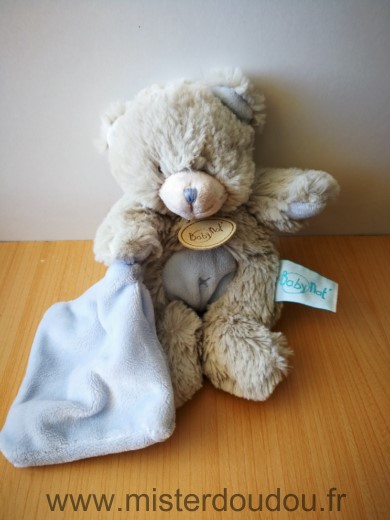 Doudou Ours Baby nat Gris mouchoir bleu 