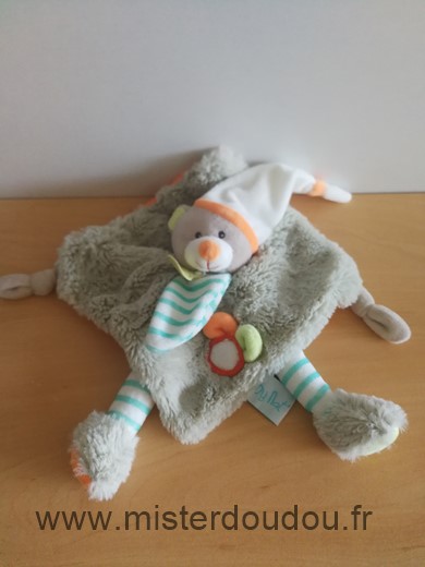 Doudou Ours Baby nat Gris orange pattes rayees bleu 