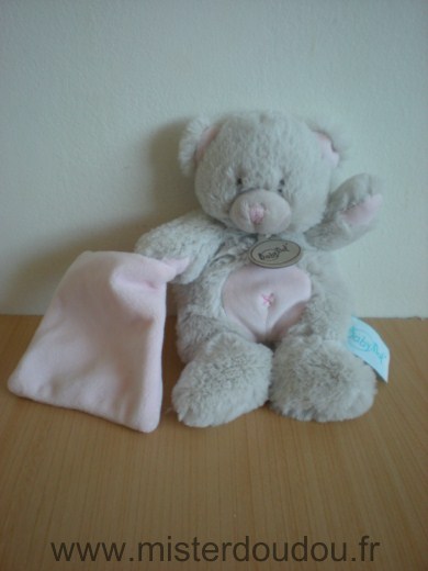 Doudou Ours Baby nat Gris rose mouchoir rose 