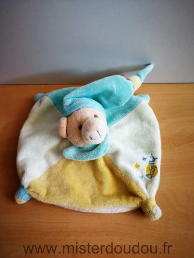 Doudou Ours Baby nat Jaune blanc bleu bonnet bleu 