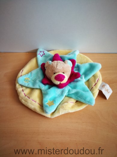 Doudou Ours Baby nat Jaune bleu rose etoile 