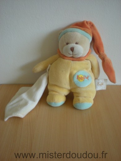 Doudou Ours Baby nat Jaune bonnet orange mouchoir blanc 