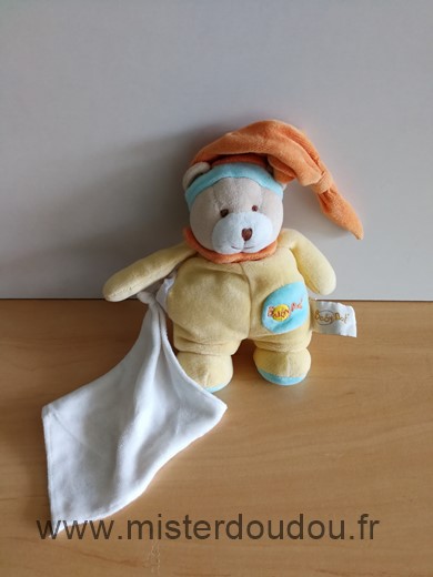 Doudou Ours Baby nat Jaune bonnet orange mouchoir blanc 