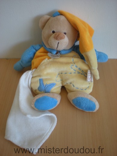 Doudou Ours Baby nat Jaune orange bleu mouchoir blanc 