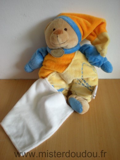 Doudou Ours Baby nat Jaune orange bleu mouchoir blanc papillon 