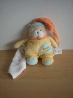 Doudou Ours Baby nat Jaune orange mouchoir blanc 