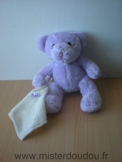 Doudou Ours Baby nat Mauve mouchoir blanc 