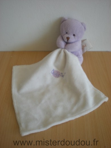 Doudou Ours Baby nat Mauve mouchoir blanc 