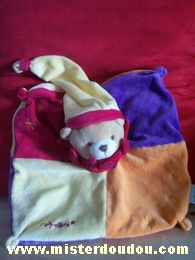 Doudou Ours Baby nat Orange jaune violet rouge Doudou plat 5 noeuds