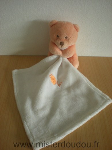 Doudou Ours Baby nat Orange mouchoir blanc 