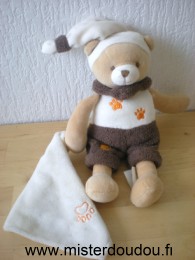 Doudou Ours Baby nat Ours marron blanc mouchoir blanc empreinte patte orange 
