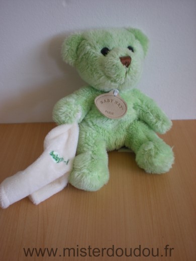 Doudou Ours Baby nat Vert mouchoir blanc 