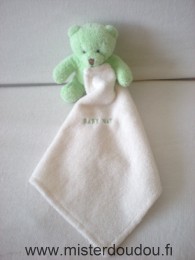 Doudou Ours Baby nat Vert mouchoir écru 