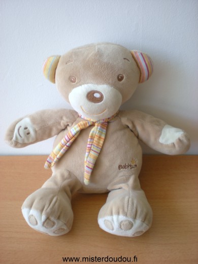 Doudou Ours Baby sun Beige echarpe rayée multicolore ! boite sonore ne fonctionne pas