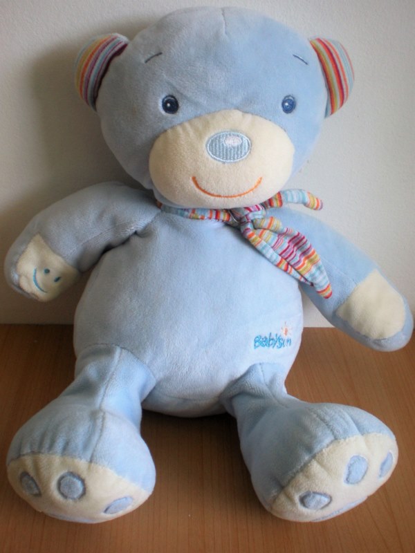 Doudou Ours Baby sun Bleu echarpe multicoloe Boite sonore ne fonctionne pas