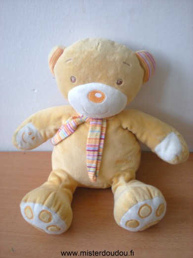 Doudou Ours Baby sun Jaune echarpe multicolore Tres bon état général mais boite sonore ne fonctionne plus