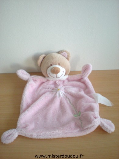 Doudou Ours Babyclub Rose avec fleur blanche Etiquette effacée, marques possibles : baby club nicotoy orchestra..