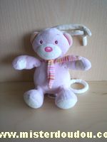 Doudou Ours Babyclub Rose écharpe rayée milticolore Bon état général sauf la boite à musique cassée