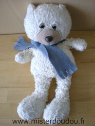 Doudou Ours Bastitoy Blanc echarpe bleue Usagé