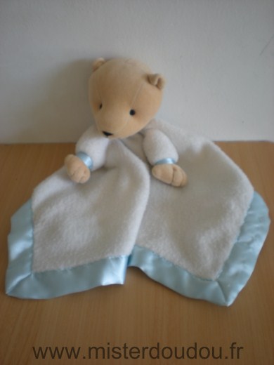 Doudou Ours Bawi Beige polaire blanc liseret bleu 