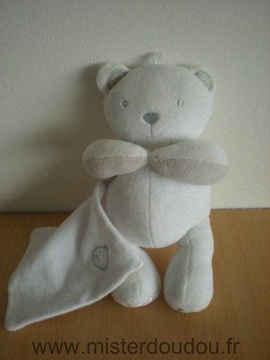 Doudou Ours Bébé9 Blanc gris mouchoir 