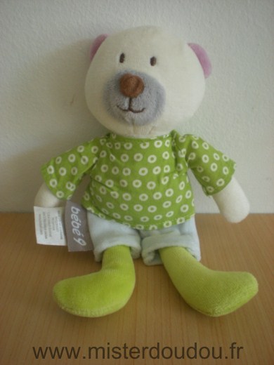 Doudou Ours Bébé9 Blanc vert ronds blancs 