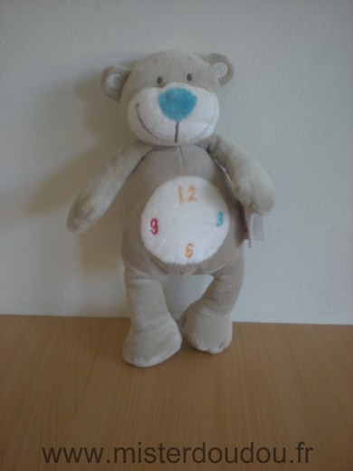 Doudou Ours Bengy Beige horloge chiffres nez bleu 