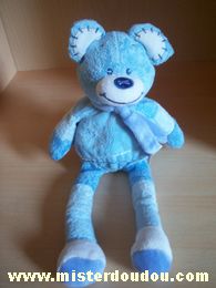 Doudou Ours Bengy Bleu Avec une écharpe bleue