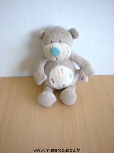 Doudou Ours Bengy Marron beige avec les chiffres horloge 3 6 9 12 