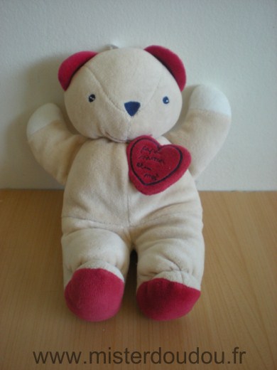 Doudou Ours Berlingot Beige rouge coeur rouge 