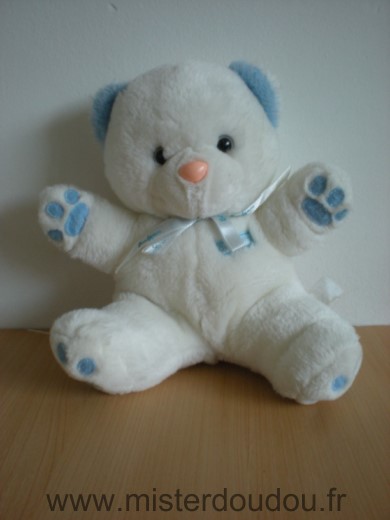 Doudou Ours Boulgom Peluche blanc bleu nez rose 