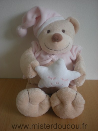 Doudou Ours Bout chou Beige haut rose bonnet rose etoile blanche 