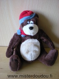 Doudou Ours Caisse d épargne Marron écru bonnet écharpe rouge bleu 