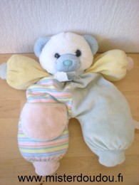 Doudou Ours Carrefour france Bleu jaune rayé poche rose 