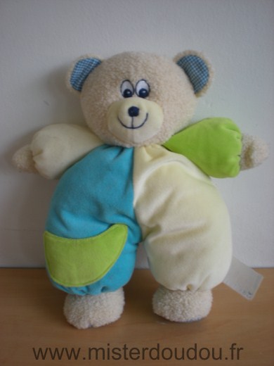 Doudou Ours Carrefour france Bleu vert jaune 