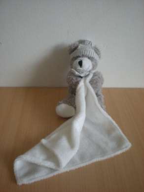 Doudou Ours Carrefour france Gris mouchoir blanc 