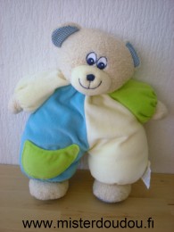 Doudou Ours Carrefour france Jaune bleu vert 