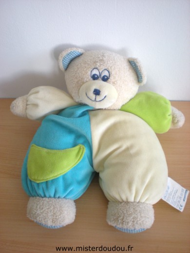 Doudou Ours Carrefour france Jaune bleu vert 