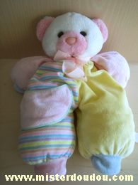 Doudou Ours Carrefour france Jaune rose rayé tête blanche en peluche 