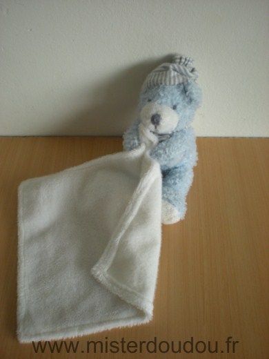 Doudou Ours Casino Bleu mouchoir blanc 