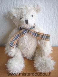 Doudou Ours Cedric Beige ruban marron carreaux Billes noires pour les yeux, nez bouche cousus marron