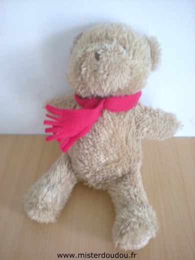 Doudou Ours Ciad Beige écharpe rouge 