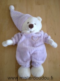 Doudou Ours Cmp Blanc mauve avec un coeur  rose brodé sur la poitrine 