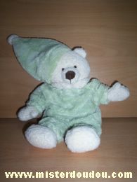 Doudou Ours Cmp Ecru. ventre et bonnet couleur verte 