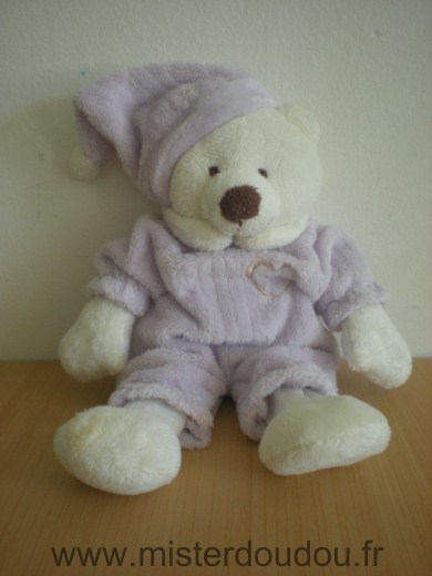 Doudou Ours Cmp Mauve blanc coeur rose 