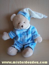 Doudou Ours Cmp Rayé bleu et bleu clair bonnet écru 