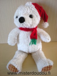 Doudou Ours Cobico Blanc bonnet rouge écharpe rouge velour 